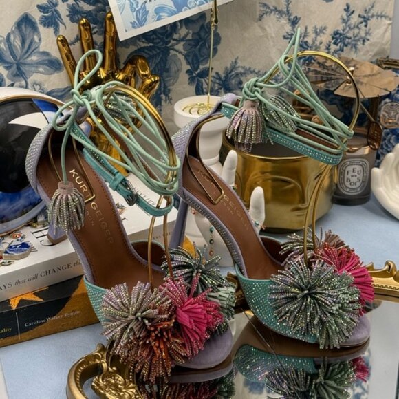 🆕 KURT GEIGER LONDON 🧿 NWOB Lilac & Teal Pom Pom Tie Ankle Heel, Sz 36 US 6 - Picture 4 of 15